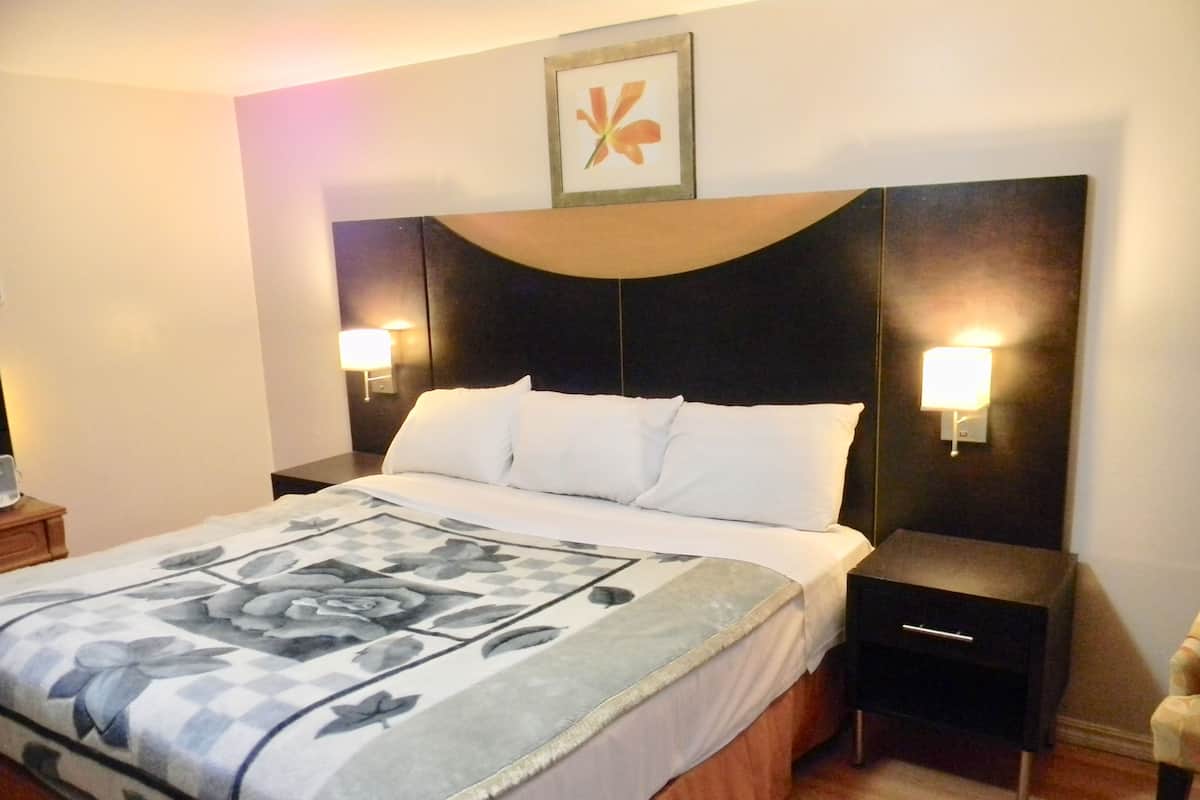 Habitación de hotel con una cama grande, dos mesitas de noche, una butaca y un cuadro colgado en la pared.