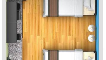 A top-down view of a hotel room with a wooden floor, two beds, a small bathroom, a sink, and a window.