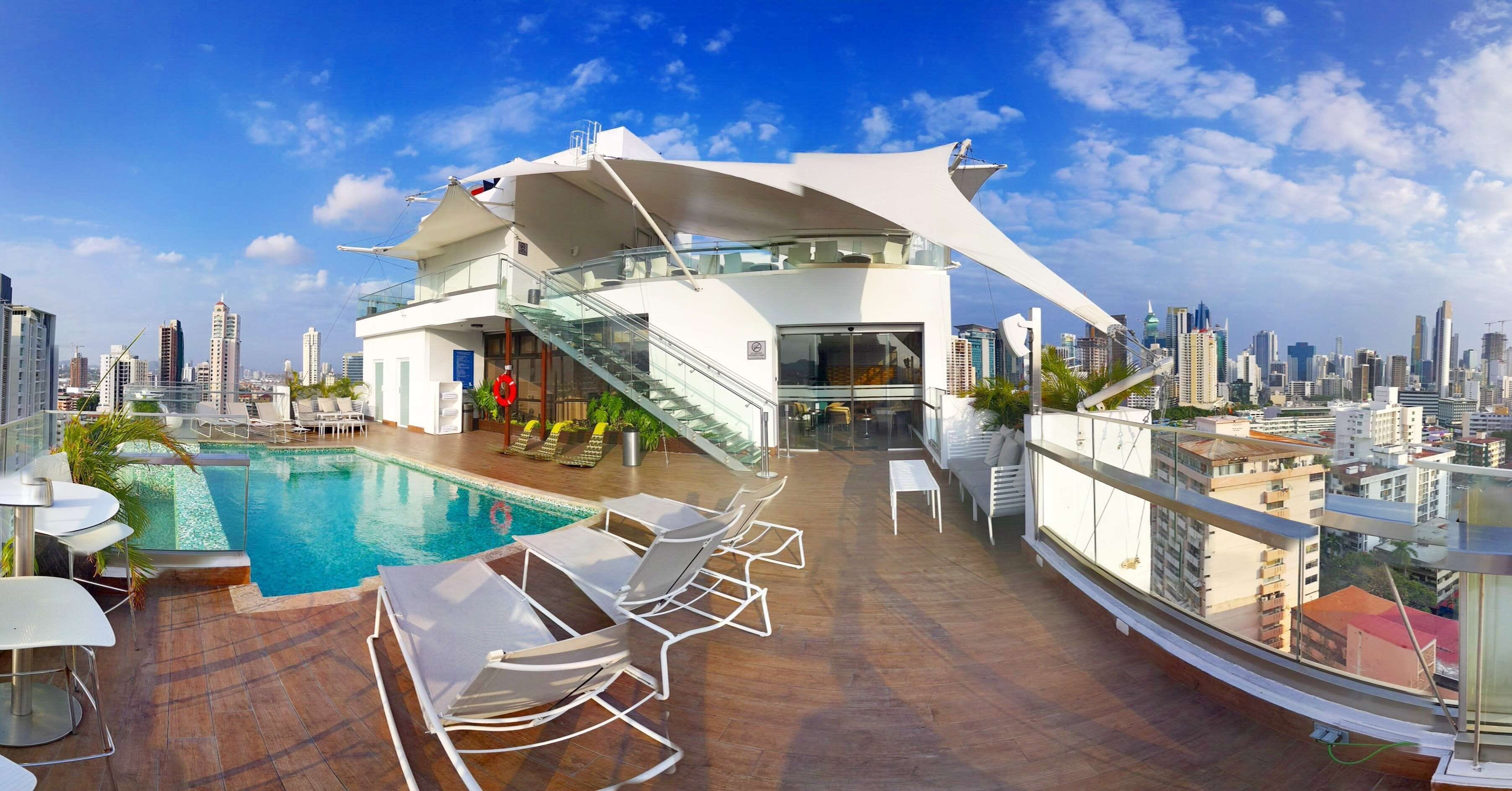 Outdoor pool, pool umbrellas, pool loungers