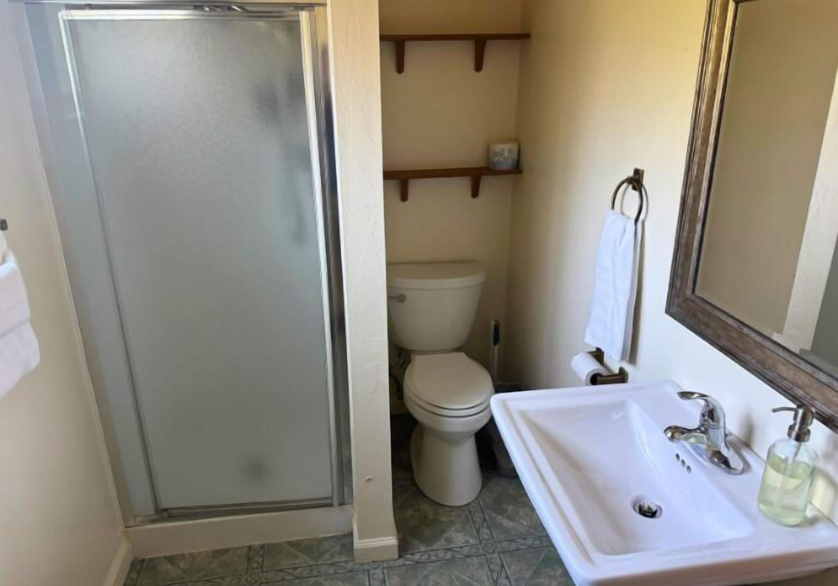 A bathroom with a shower, toilet, and sink.