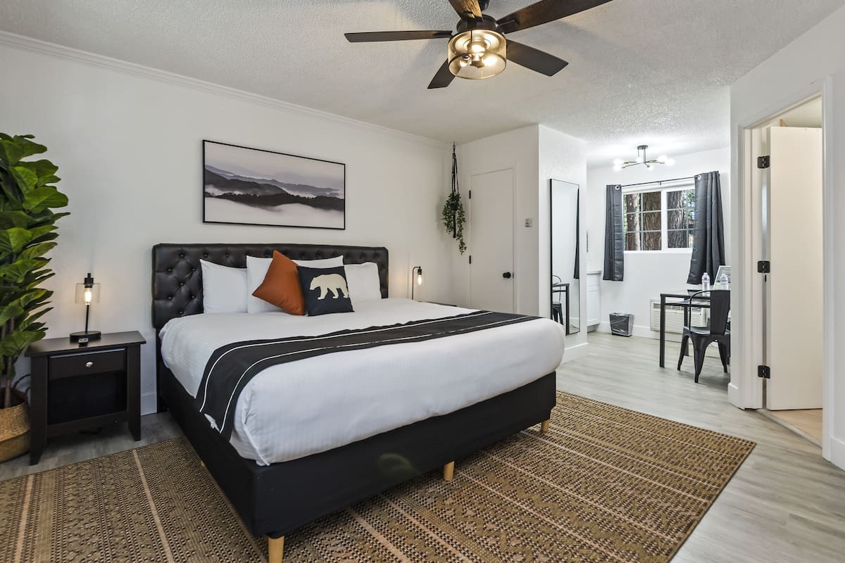 A bedroom with a bed, a ceiling fan, a nightstand, a potted plant, and a window with curtains.