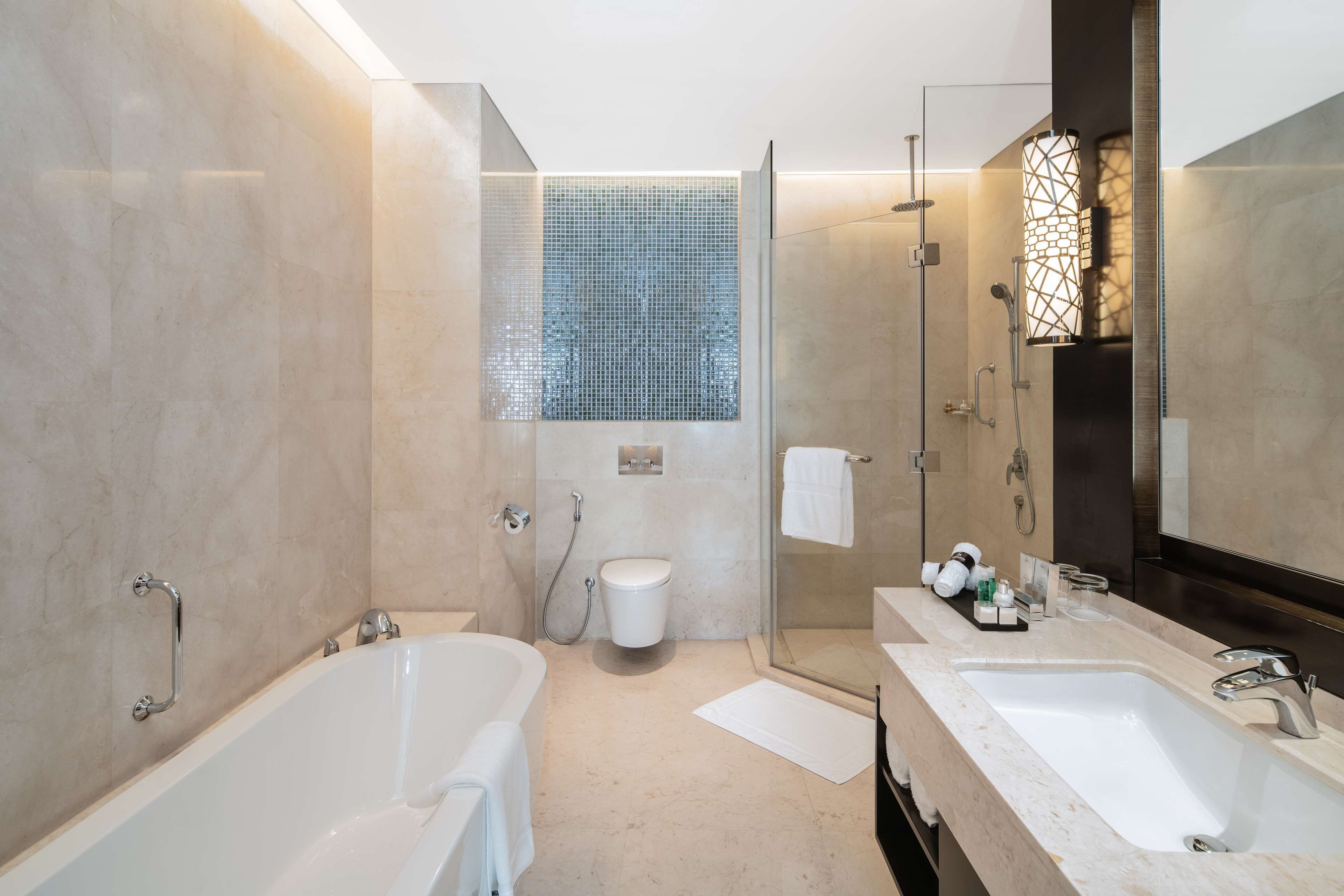 separate bathtub and shower, deep-soaking bathtub, rainfall showerhead