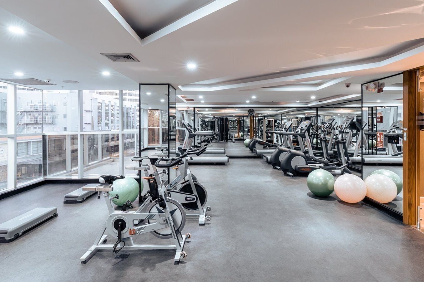 A modern gym with cardio machines, free weights, and exercise balls.