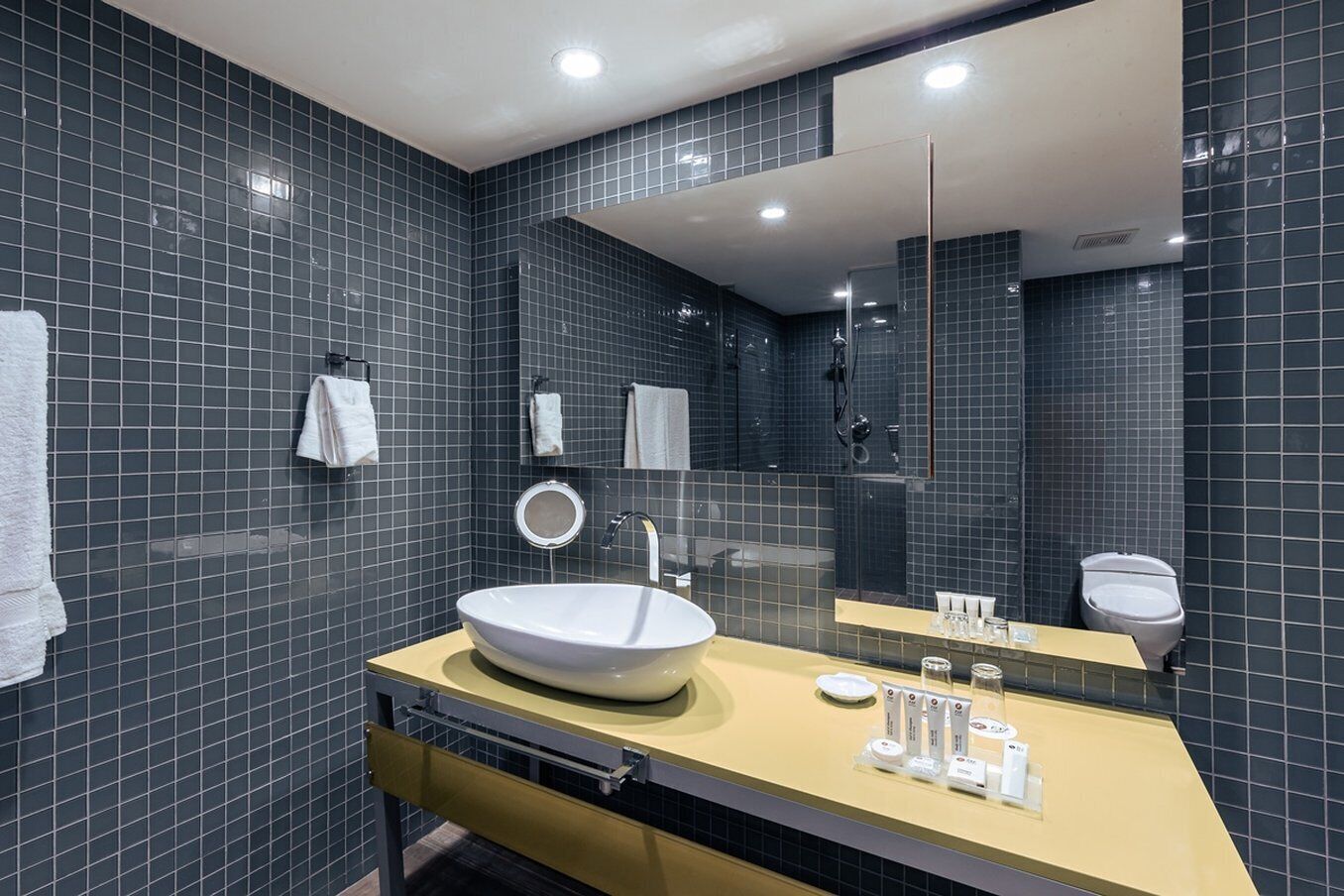 Un bagno moderno con un lavandino capiente, uno specchio e un water.