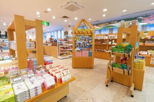 Interior de una tienda con estantes de madera, repisas repletas de productos varios y un pasillo despejado para los clientes.