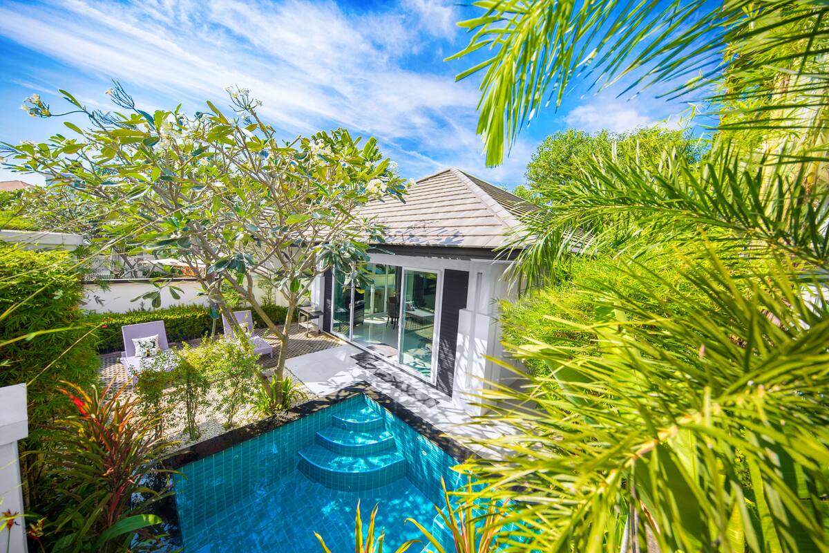 A modern house with a swimming pool, surrounded by lush greenery and a clear blue sky.