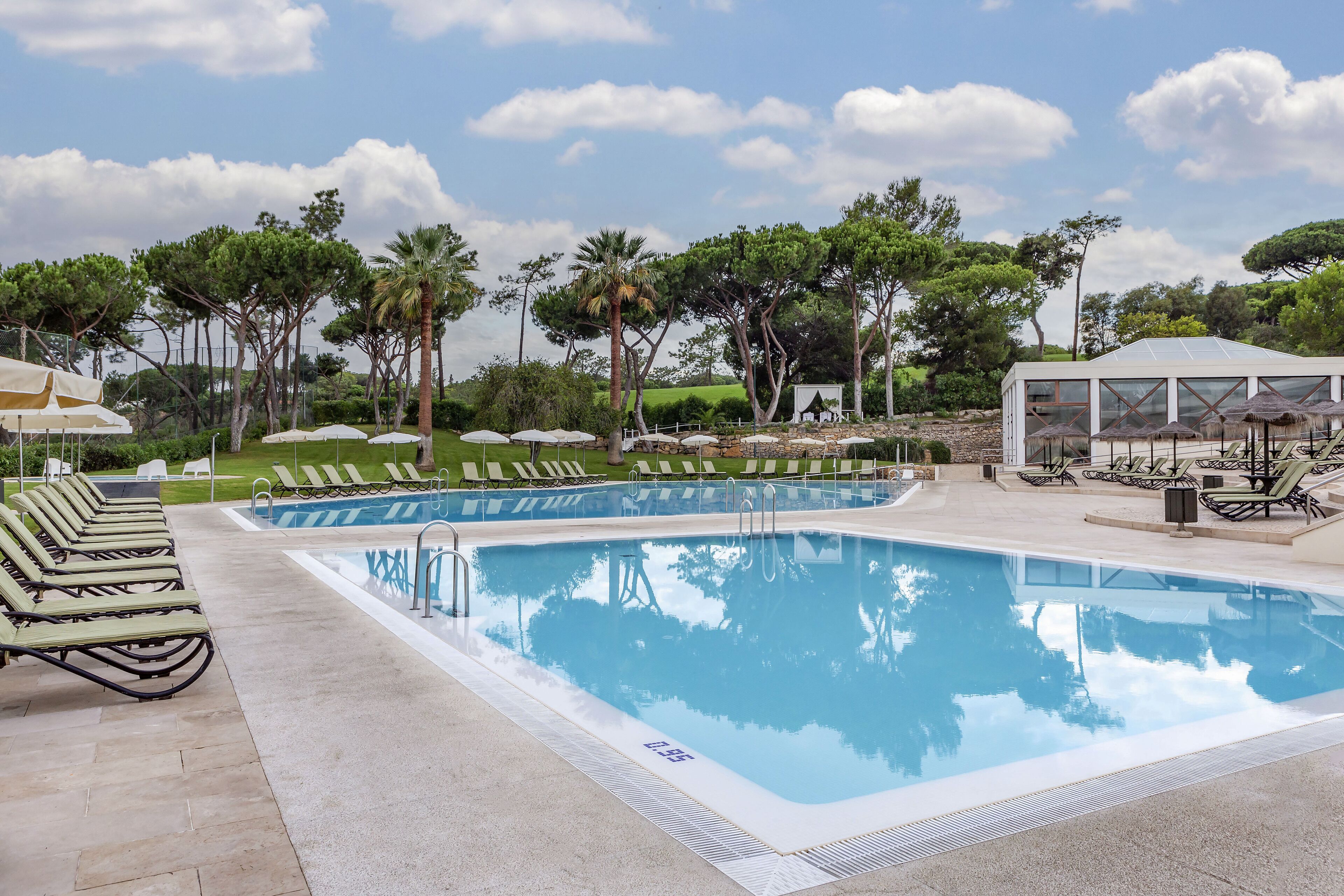 A swimming pool with lounge chairs and umbrellas, surrounded by trees and a clear sky.