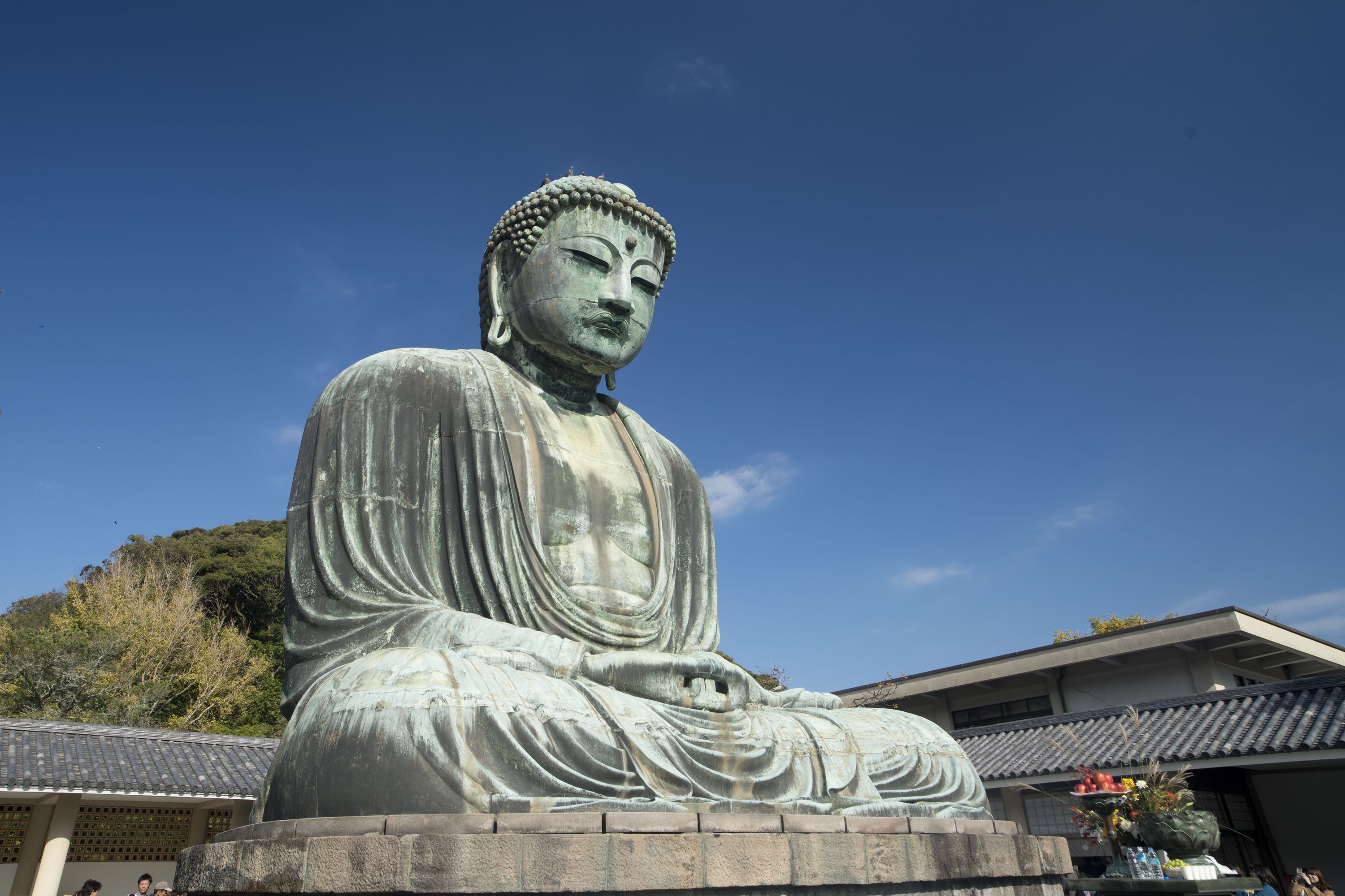 A large seated Buddha statue with a traditional Japanese roof in the background.