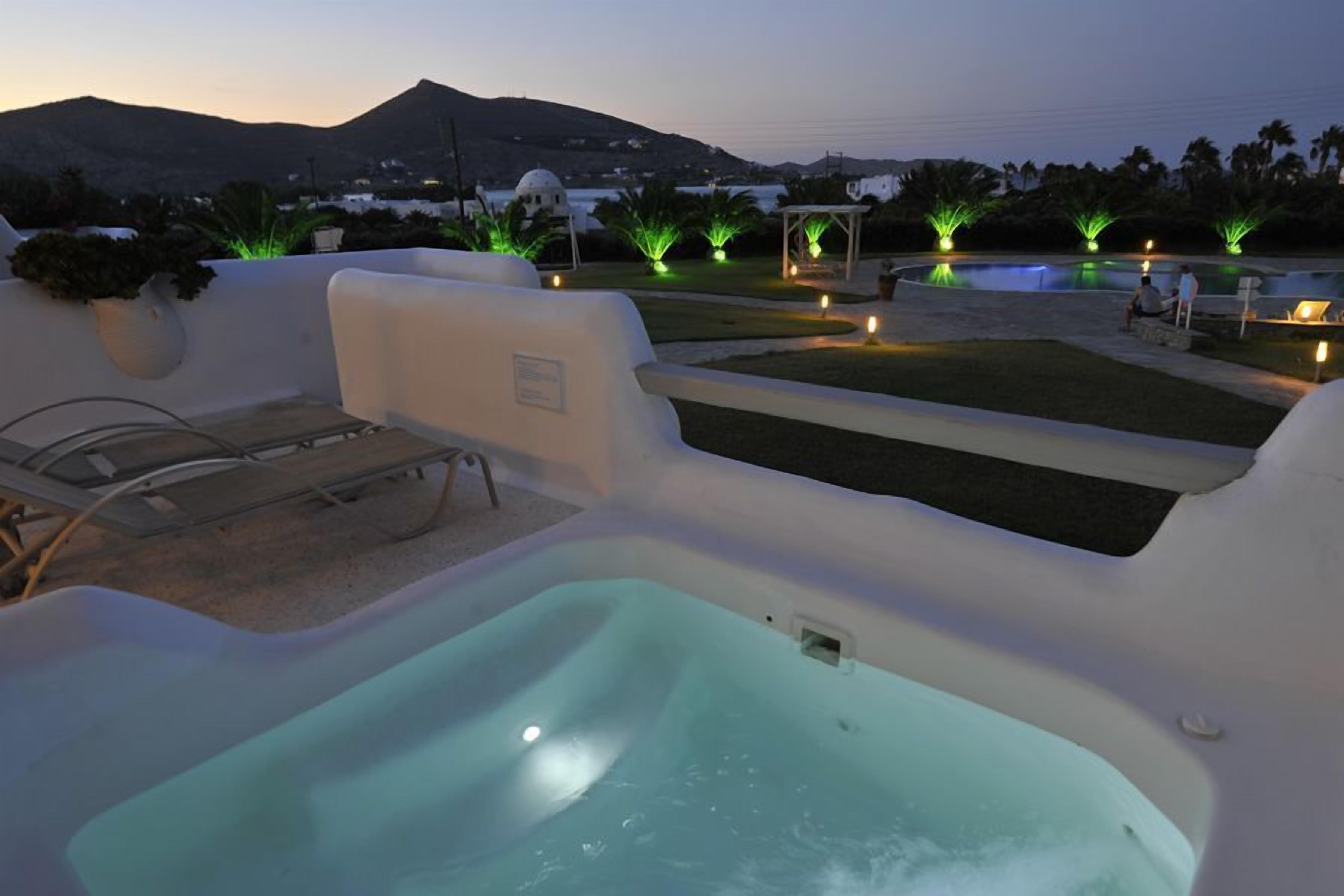 Area con idromassaggio, piscina e sedie a sdraio, immersa in un giardino curato con illuminazione verde.