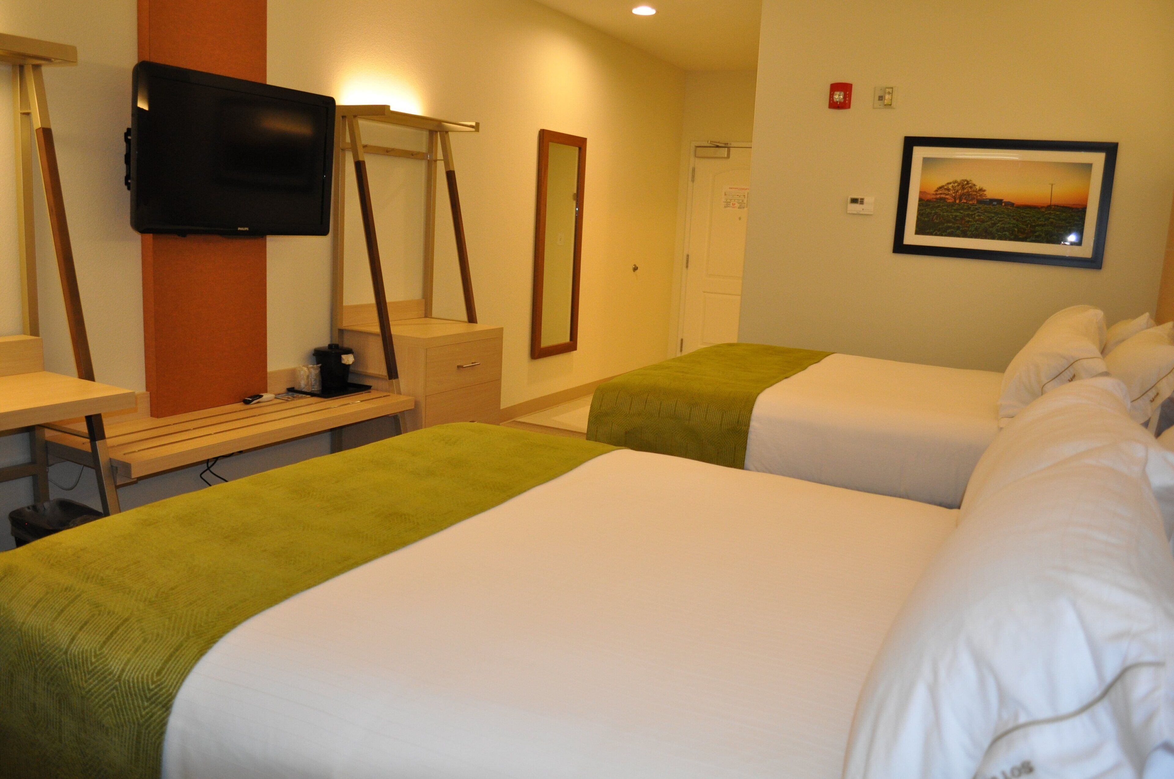 A hotel room with two beds, a desk with a chair, a television, a mirror, and a framed picture on the wall.