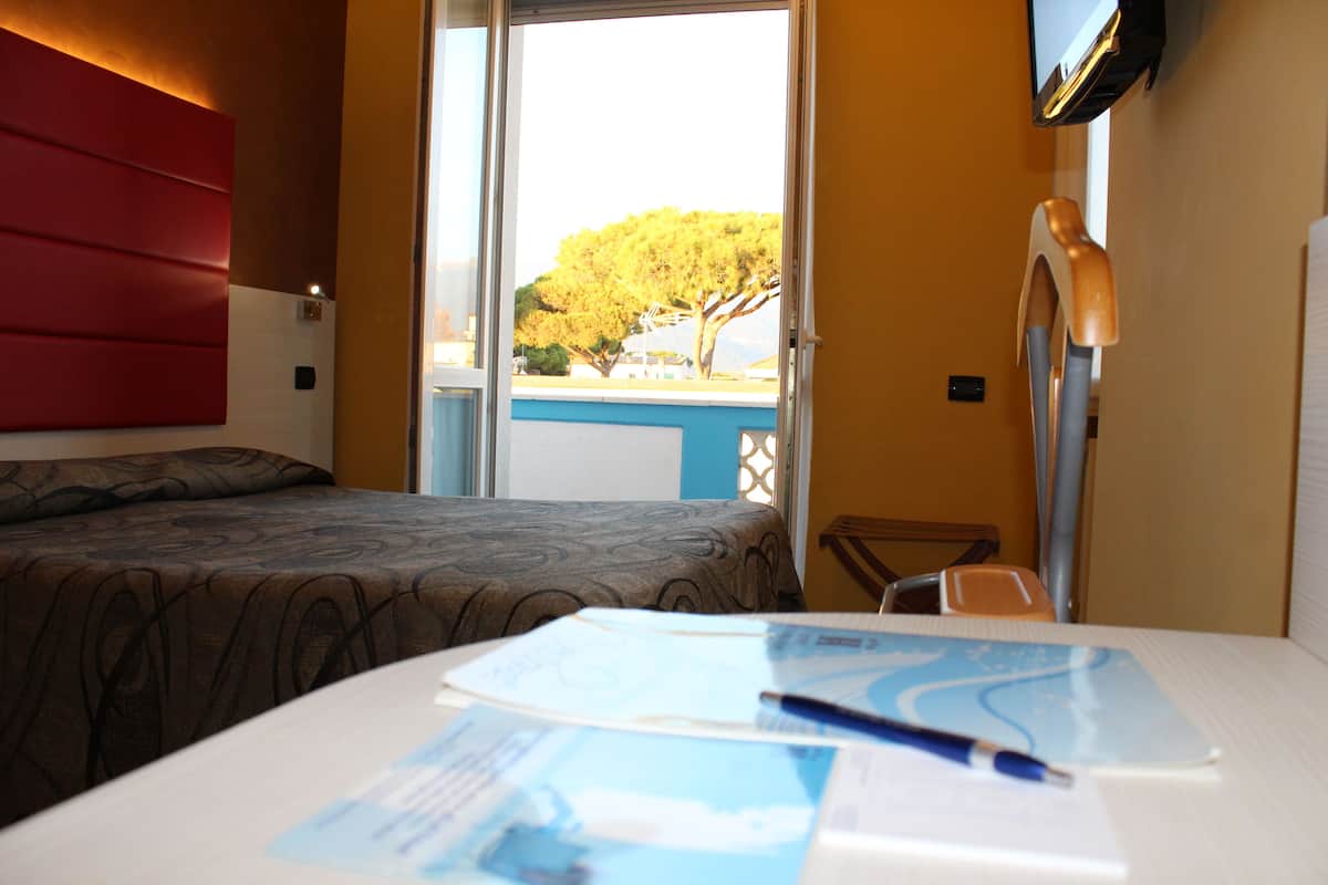 A hotel room with a bed, a desk with papers and a pen, a TV mounted on the wall, and a view of trees and a building outside.