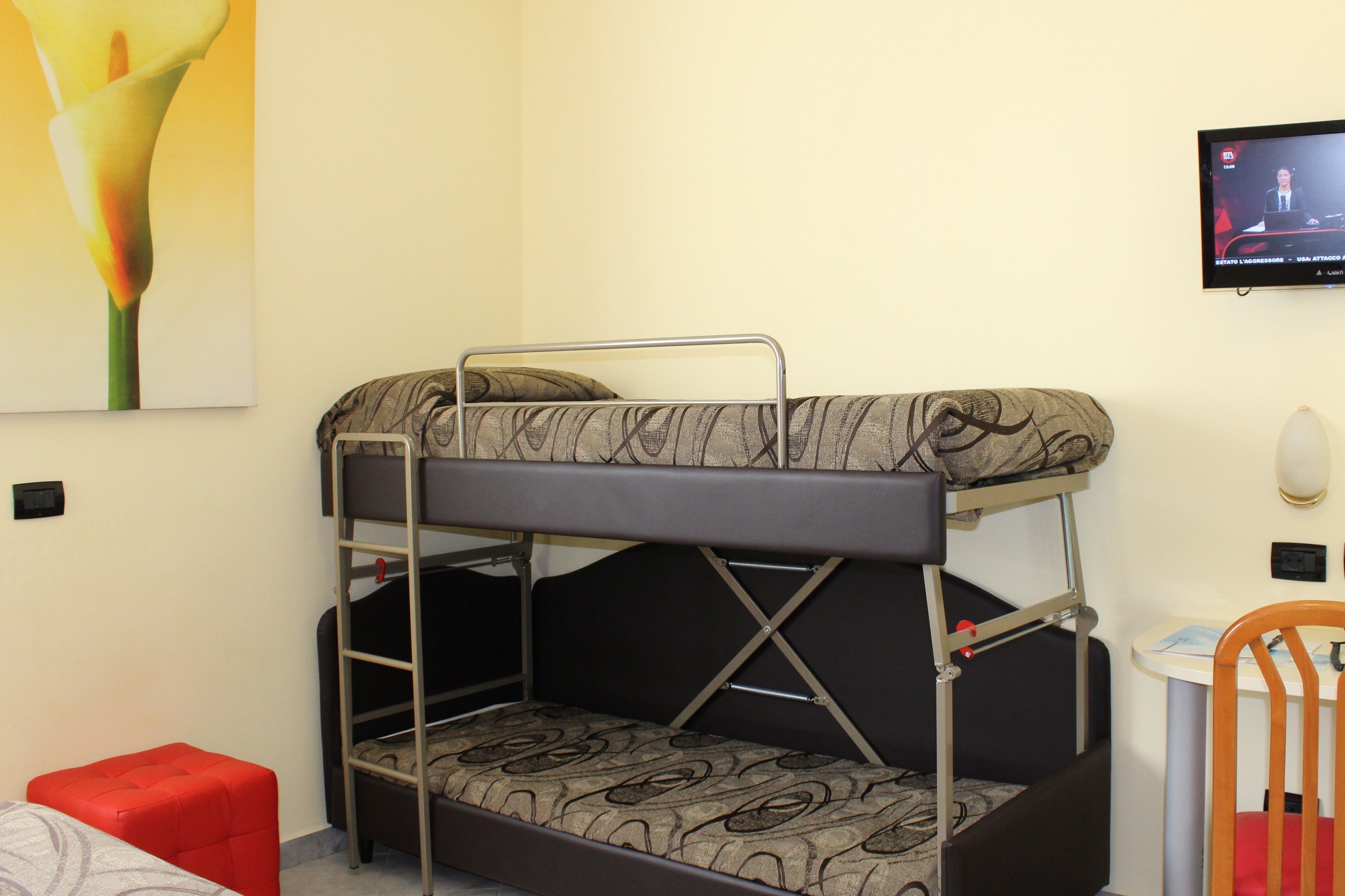 A bunk bed with a patterned mattress, a red stool, a television on the wall, and a painting of a flower.