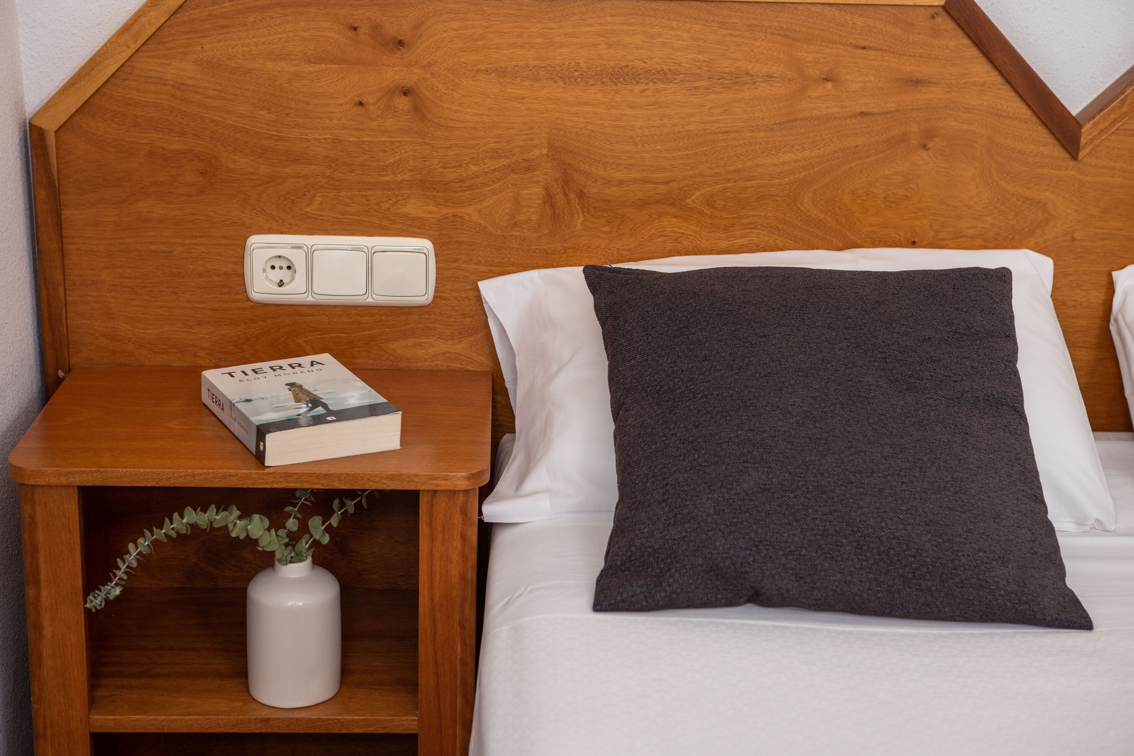 Una cama bien hecha con un almohadón blanco y uno oscuro grisáceo, una mesita de noche de madera con un libro titulado 'Tierra', y un florero blanco con una planta.