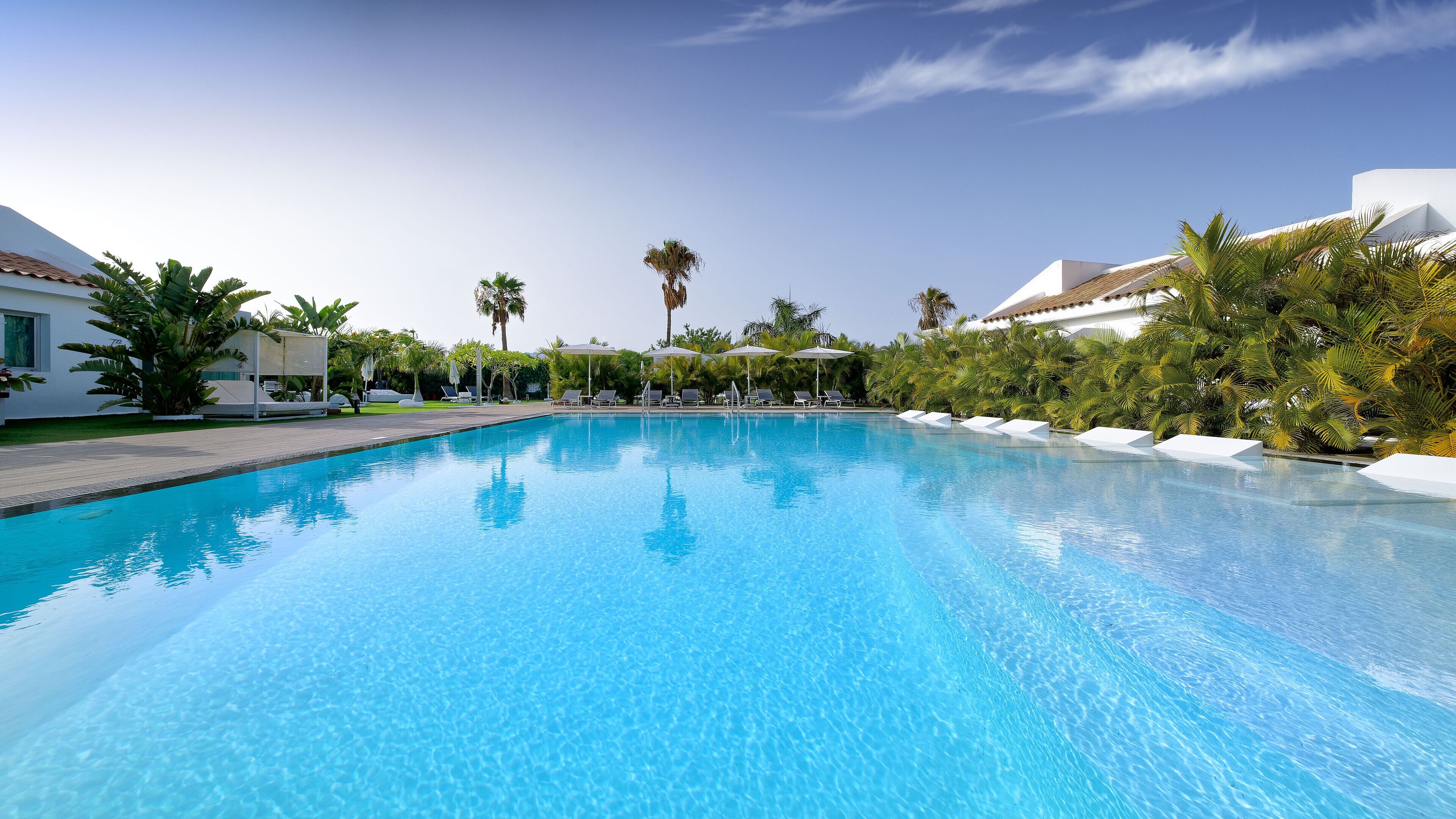 Una piscina azul cristalina con sillas de descanso y sombrillas, rodeada de palmeras y arquitectura moderna.