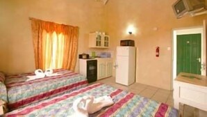 A room with two beds, a kitchenette, a small refrigerator, a television, and a green door. - Stephanie's Apartments Ltd (Gros Islet)