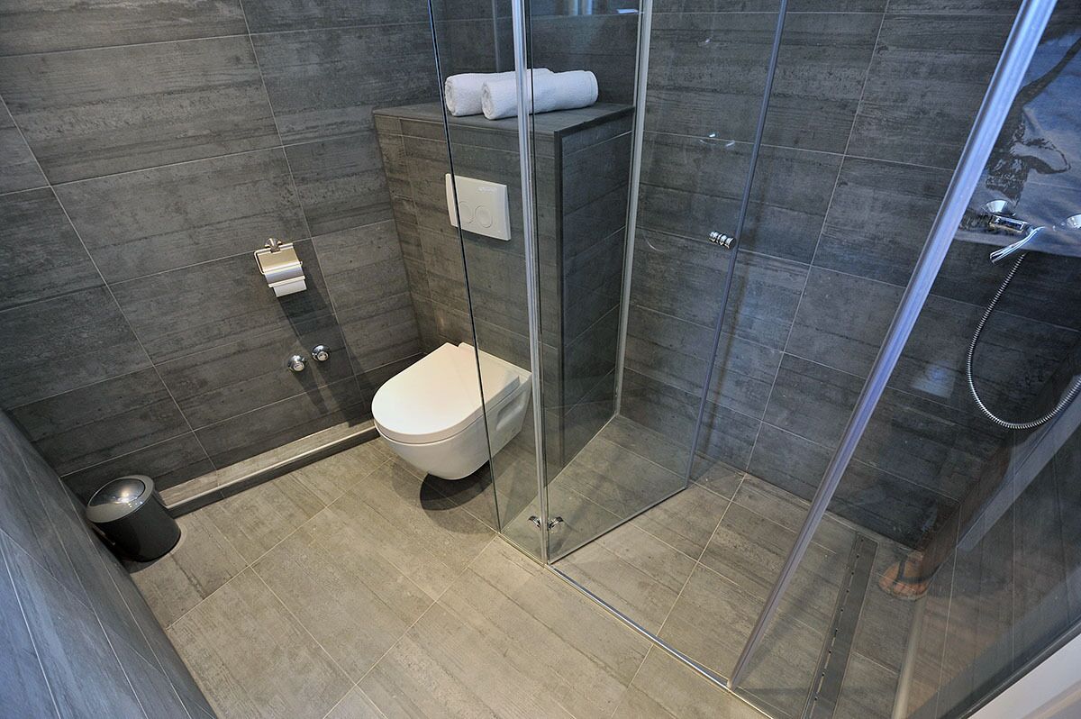 A modern bathroom with a glass shower enclosure, a toilet, and a trash bin.