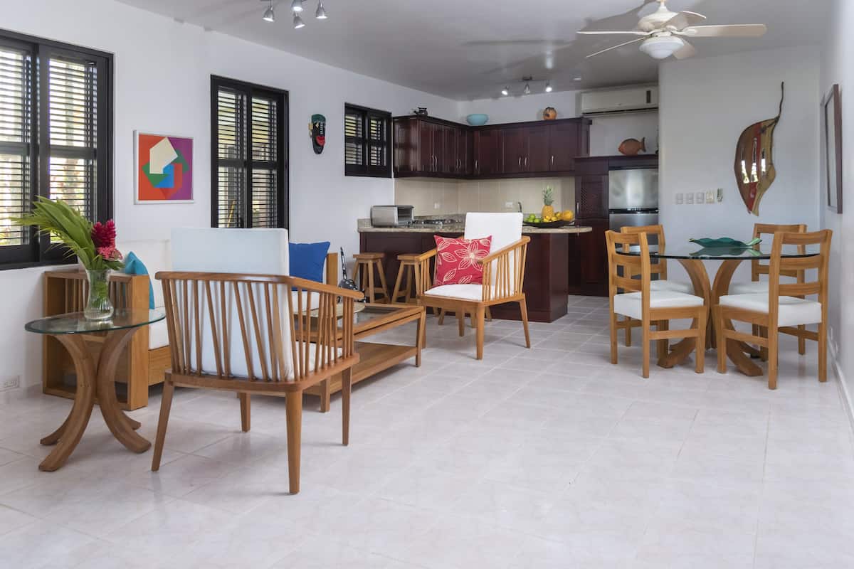 apartment, ocean view, beachfront | living area | flat-screen tv