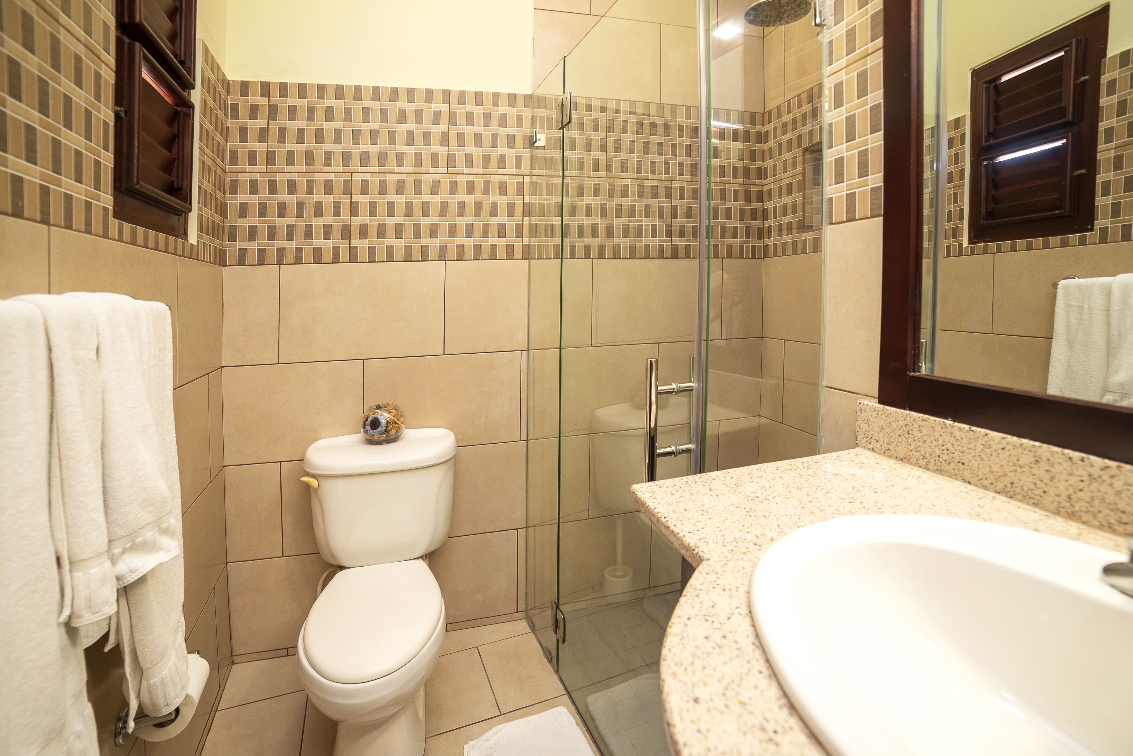 Un bagno con toilette, doccia e lavandino.