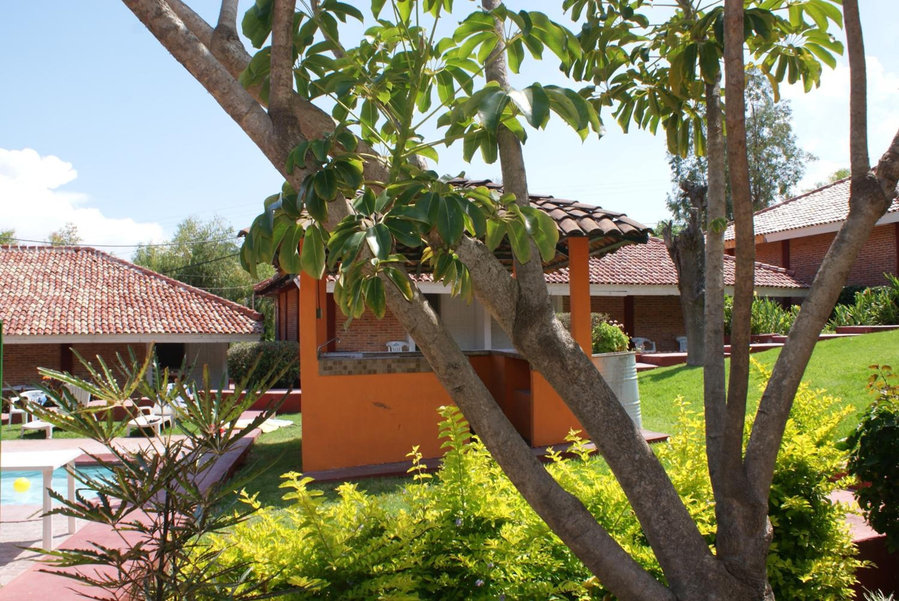 Un edificio con techo de tejas, rodeado de follaje y una piscina.