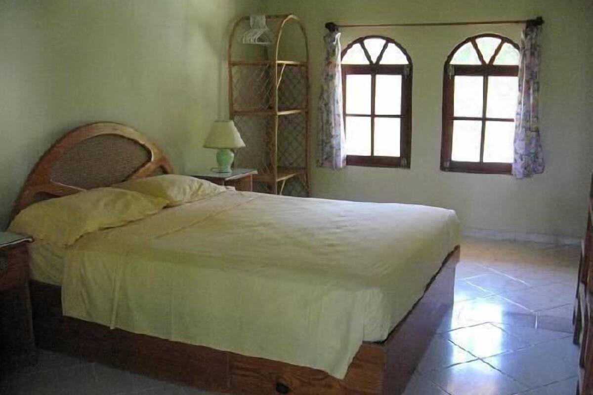 Une chambre à coucher avec un lit en bois, une table de chevet, une lampe et deux fenêtres avec des rideaux.