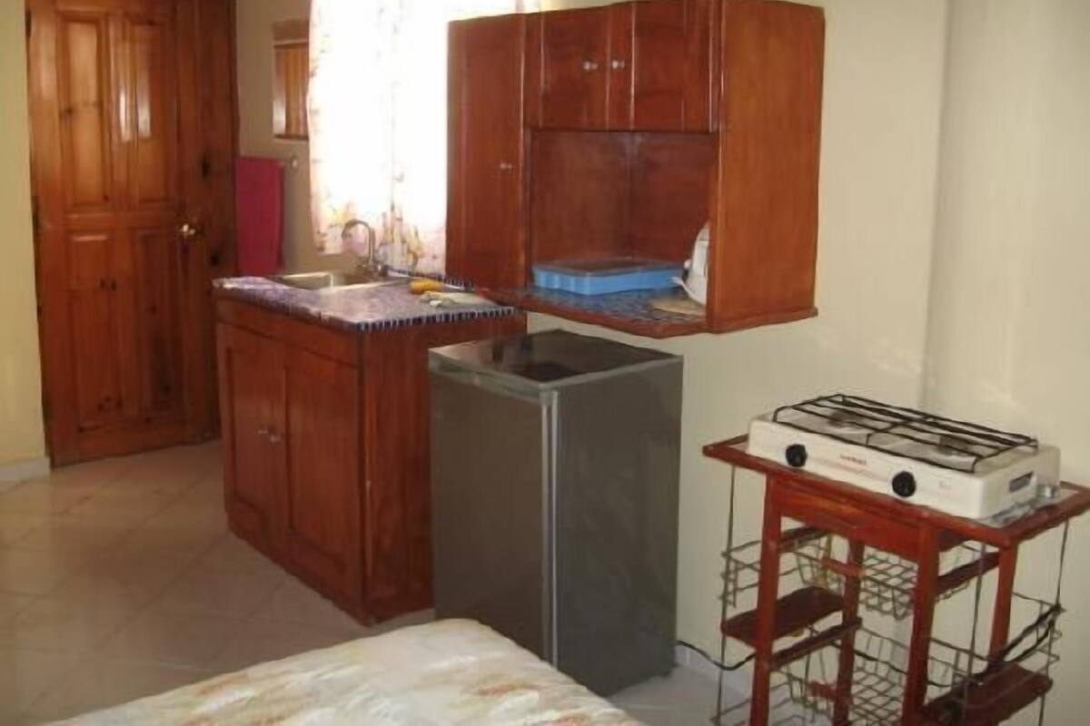 Une cuisine de taille réduite, dotée de meubles en bois, d’un réfrigérateur, d’une cuisinière à gaz et d’un petit évier.
