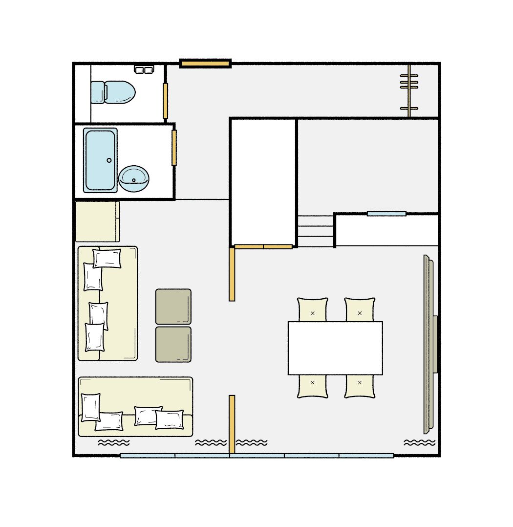 Een plattegrond met een keuken, een eethoek en twee slaapkamers.