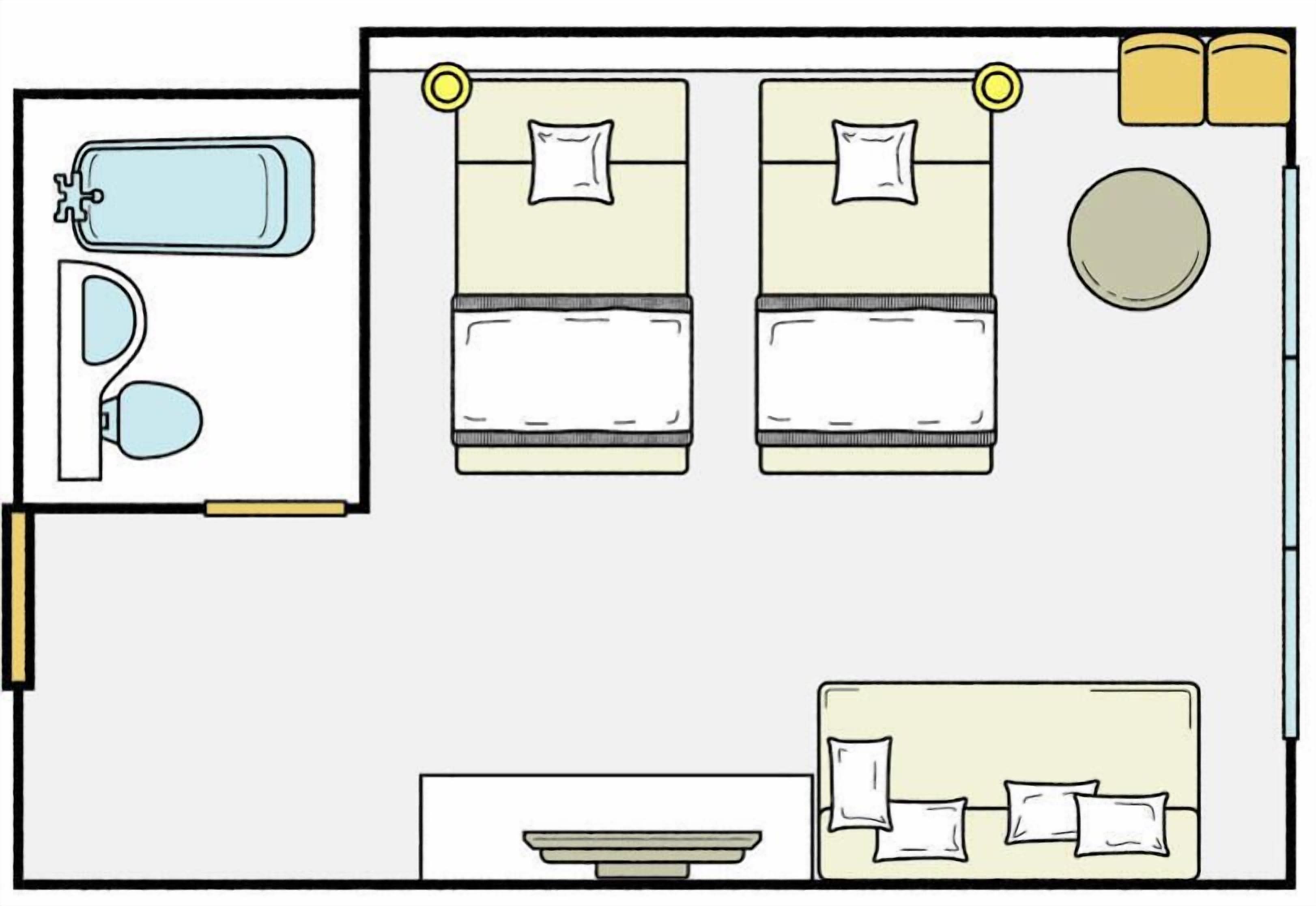 Distribución de una habitación de hotel con dos camas, un baño, una zona de estar pequeña y una mesa redonda.