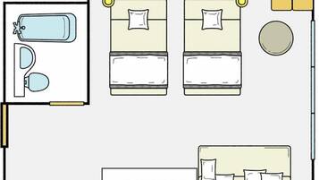 Distribución de una habitación de hotel con dos camas, un baño, una zona de estar pequeña y una mesa redonda.