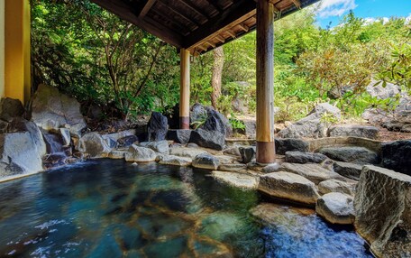 A tranquil outdoor hot spring area with a wooden structure, large rocks, and lush greenery.