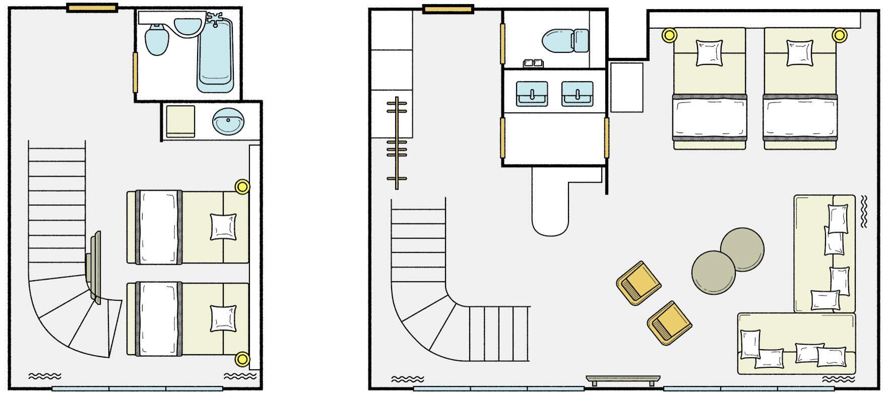 A hotel layout with multiple bedrooms, a bathroom, a kitchen, and a dining area.