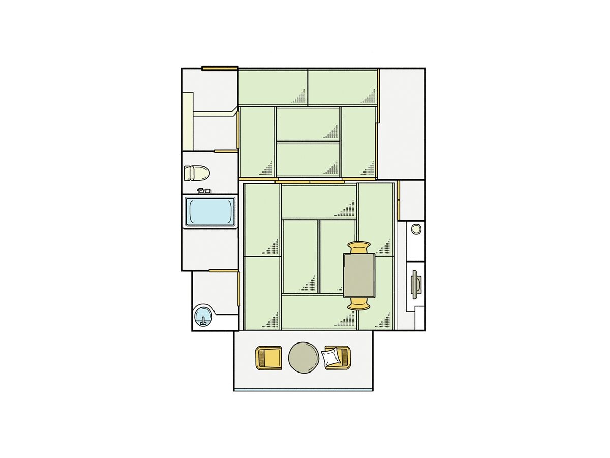 A floor plan with a kitchen area, a dining area, and a bathroom.