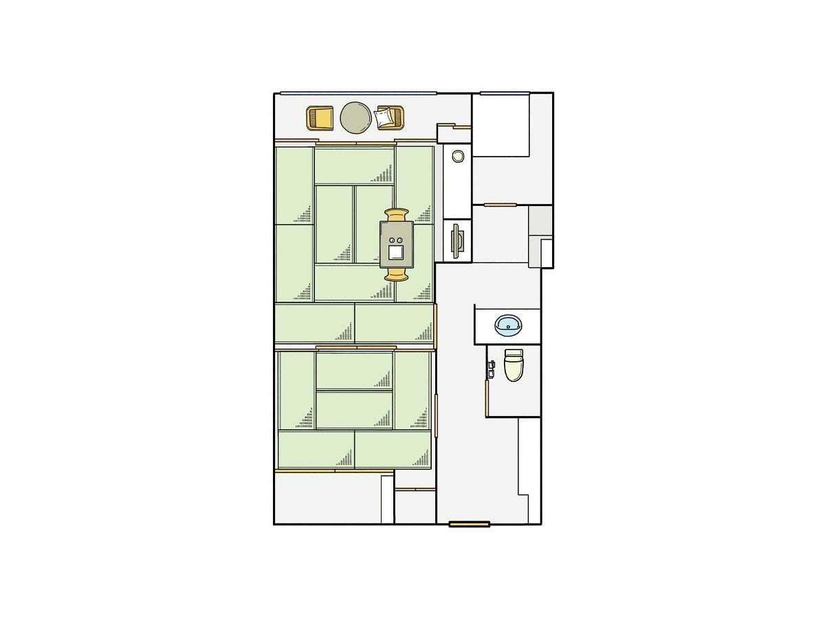 A floor plan of a hotel room with a kitchenette, a bathroom, and a seating area.