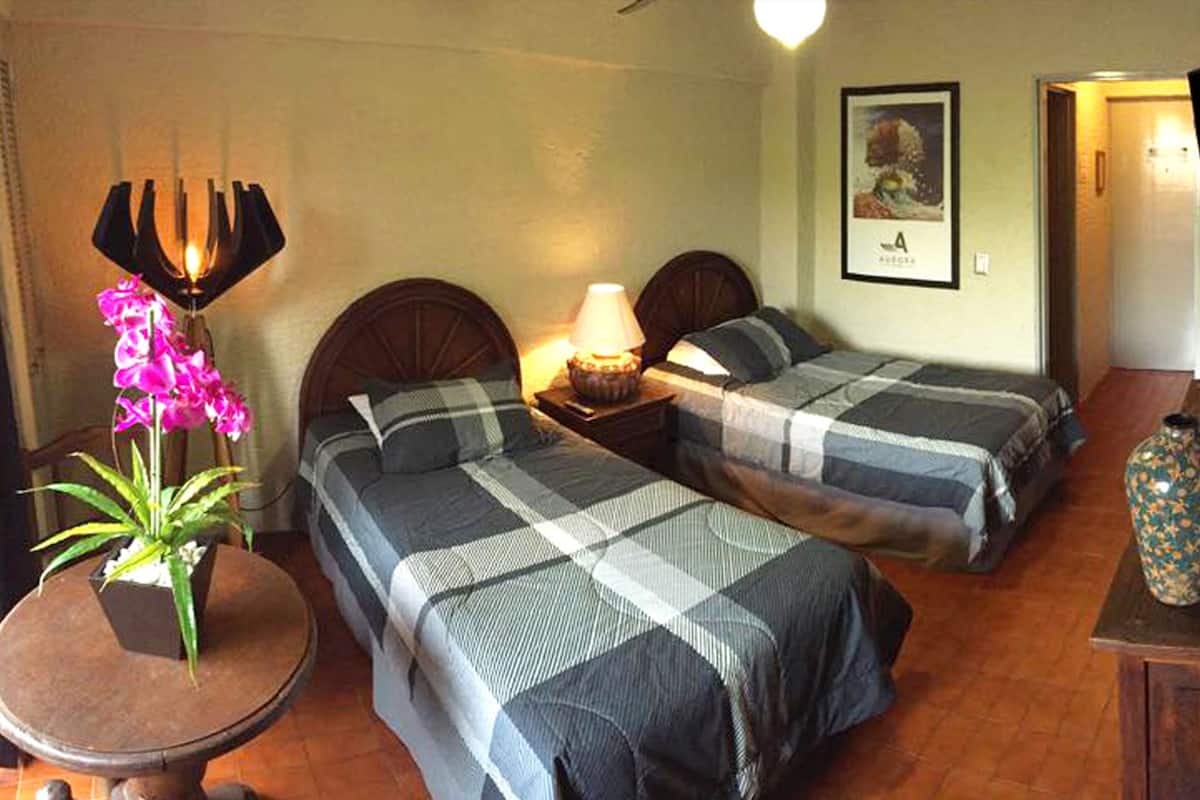 A hotel room with two beds, a small table with a lamp, a TV, and a vase on a dresser.