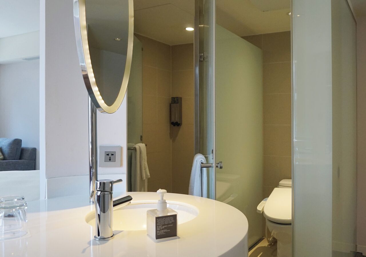 business double room | bathroom | shower, hair dryer, towels, shampoo