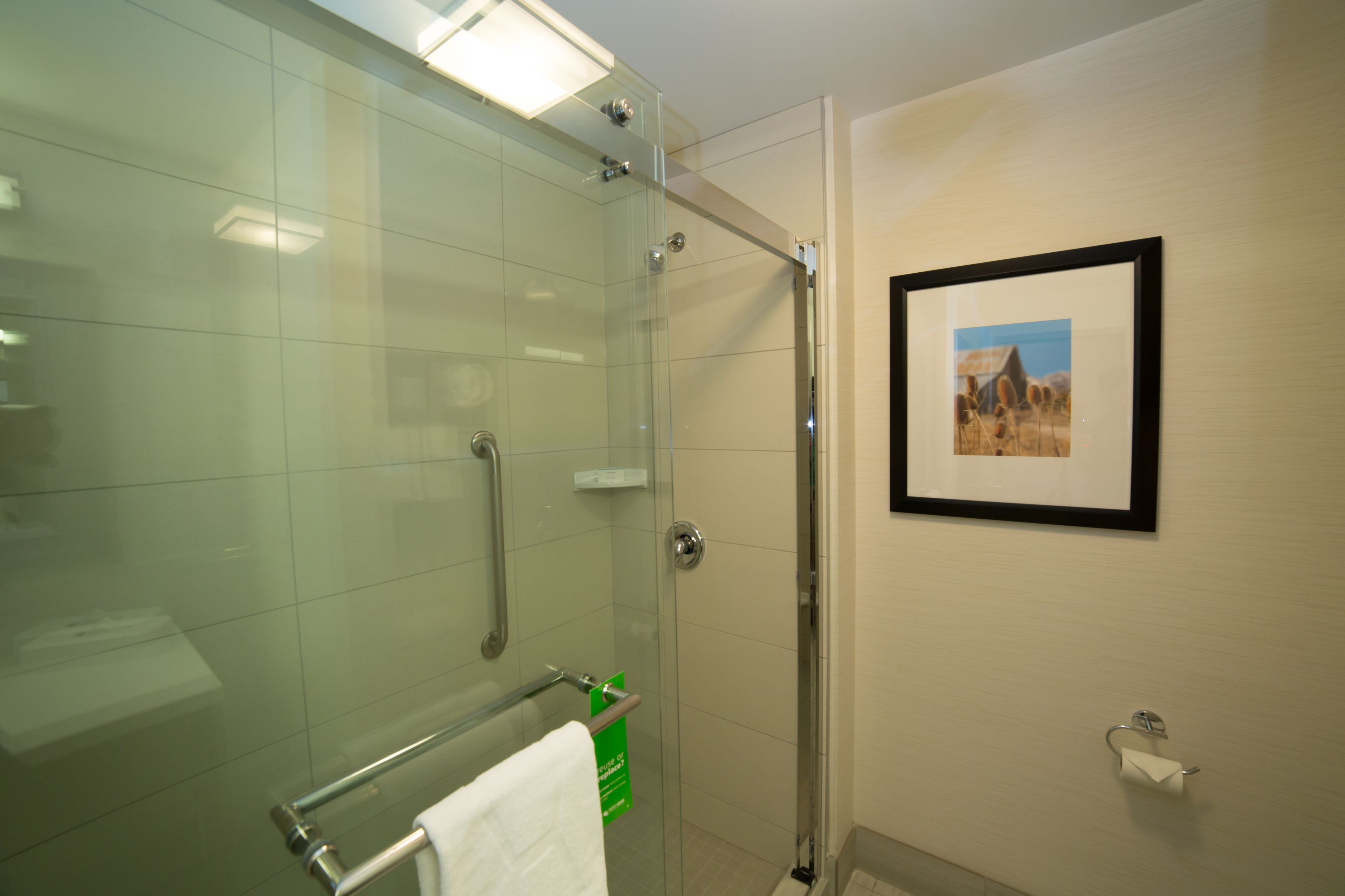 room, 1 king bed, refrigerator & microwave | bathroom shower