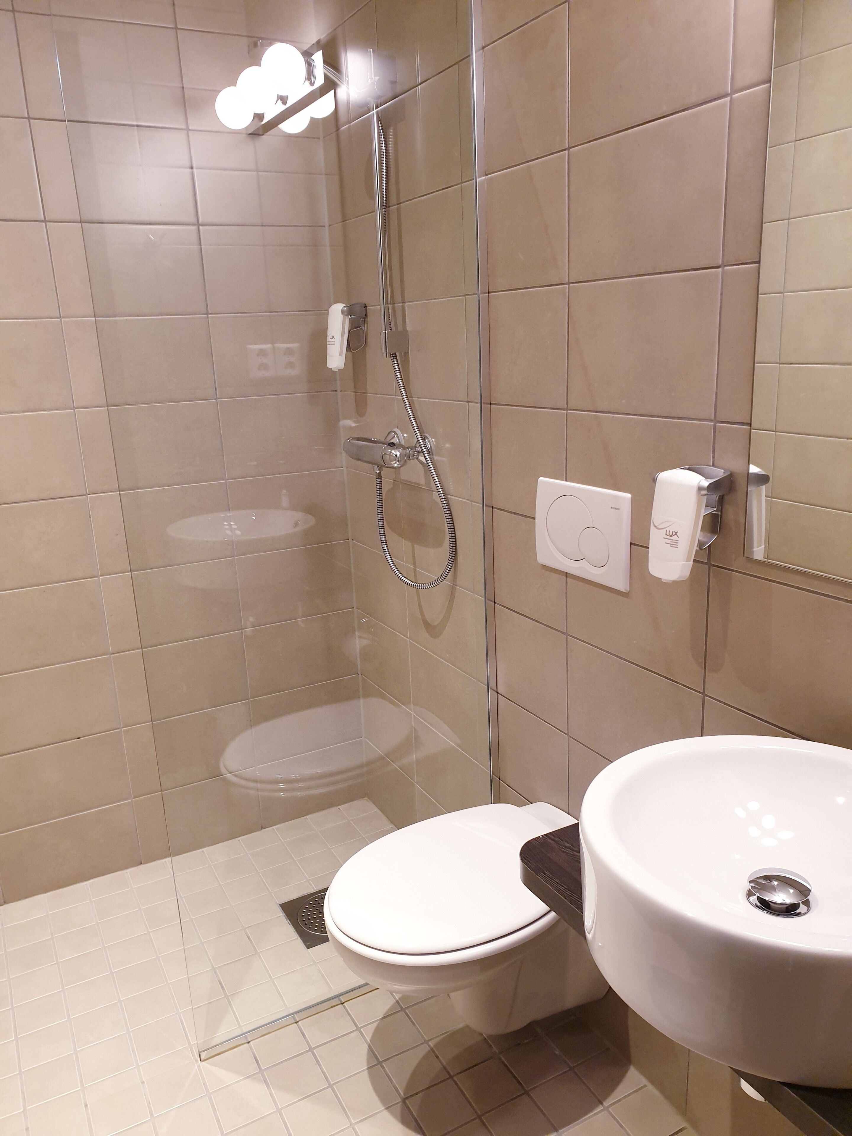 A modern bathroom with a glass-enclosed shower, a white toilet, and a sink with a mirror.