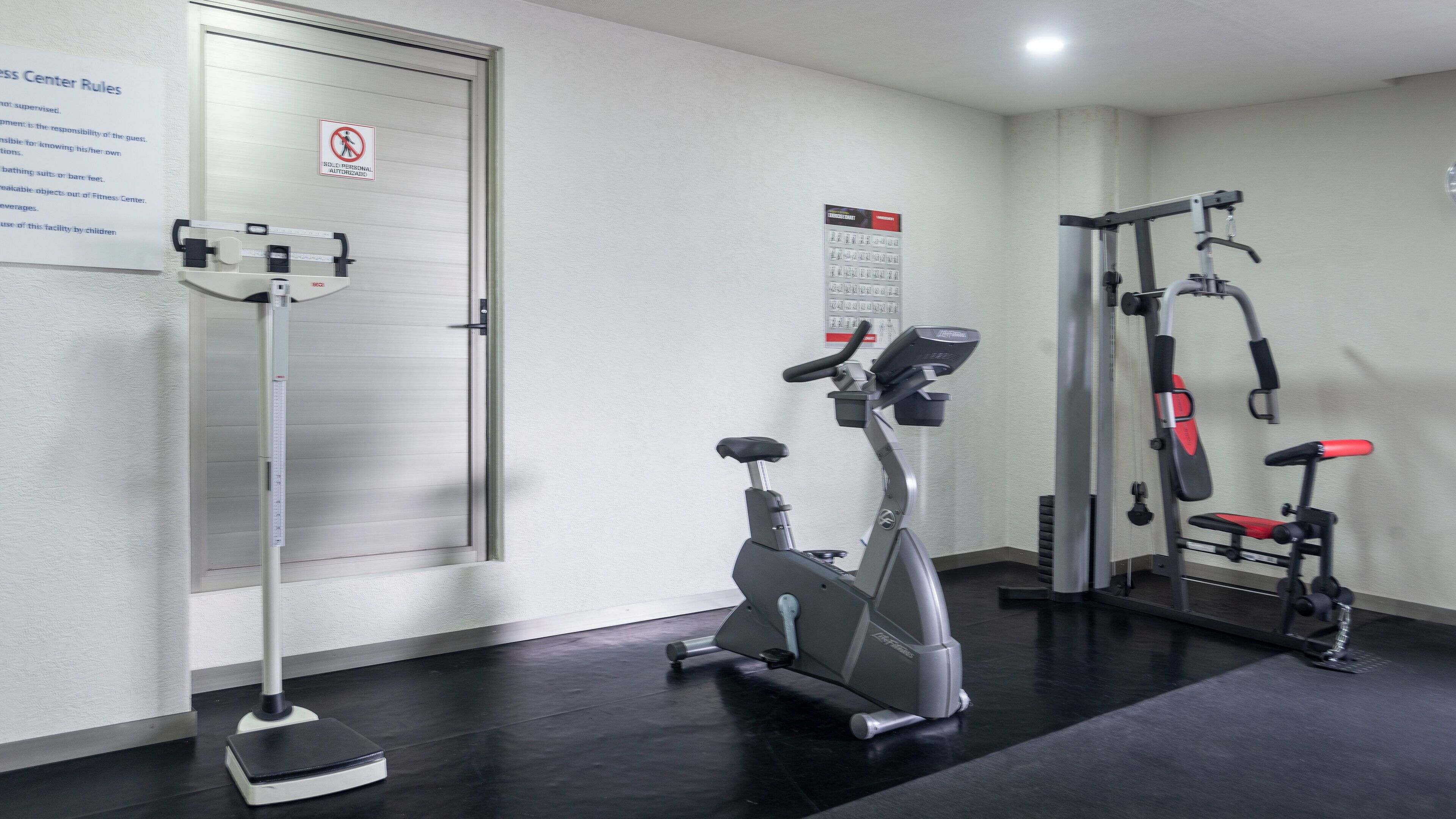 A gym with an elliptical, a treadmill, and a weight machine.