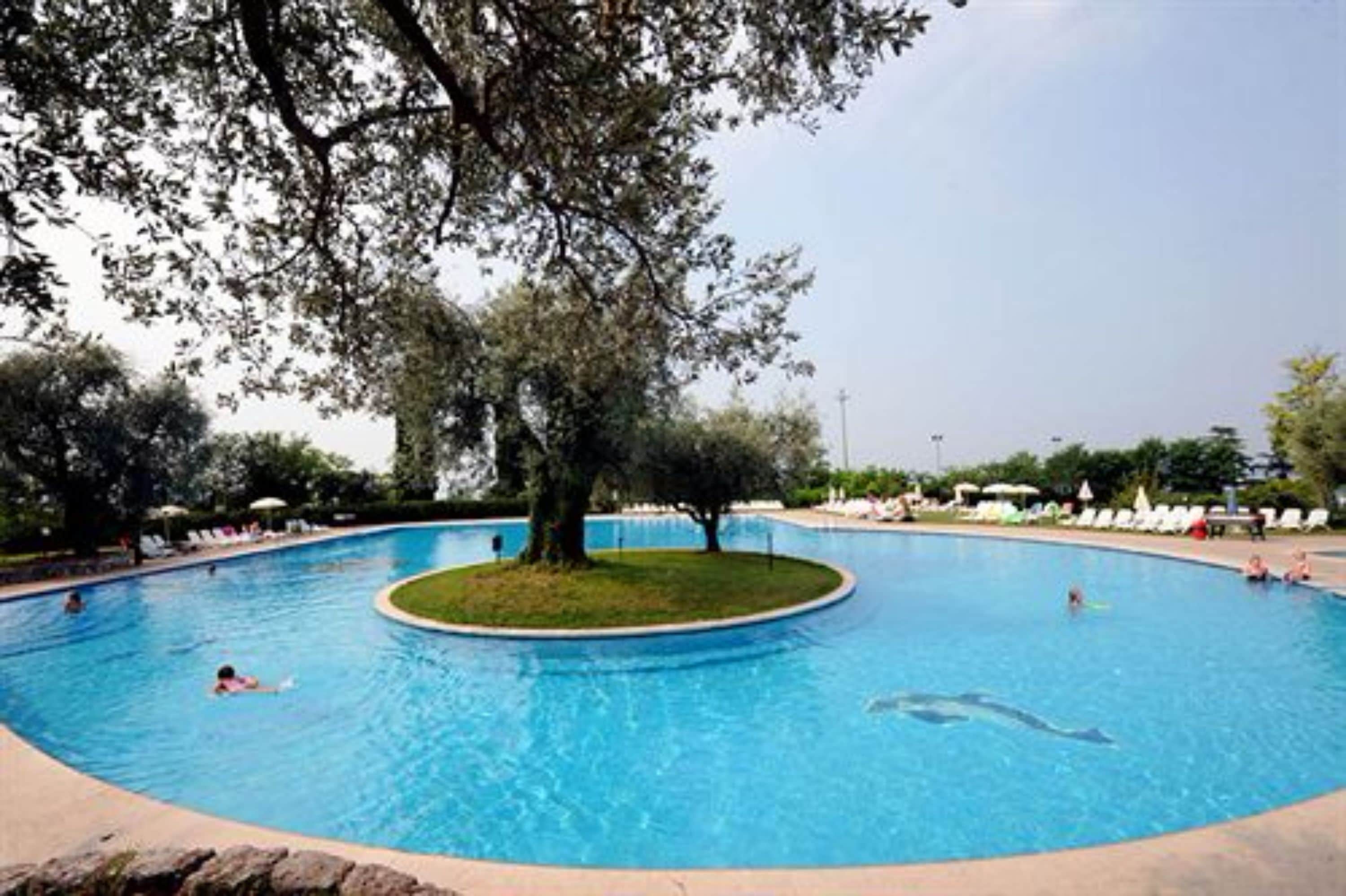 Une piscine entourée d’une zone circulaire d’herbe au centre, elle-même bordée de chaises longues et de parasols.