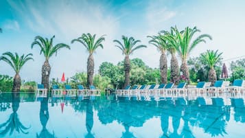 Outdoor pool, pool umbrellas, pool loungers
