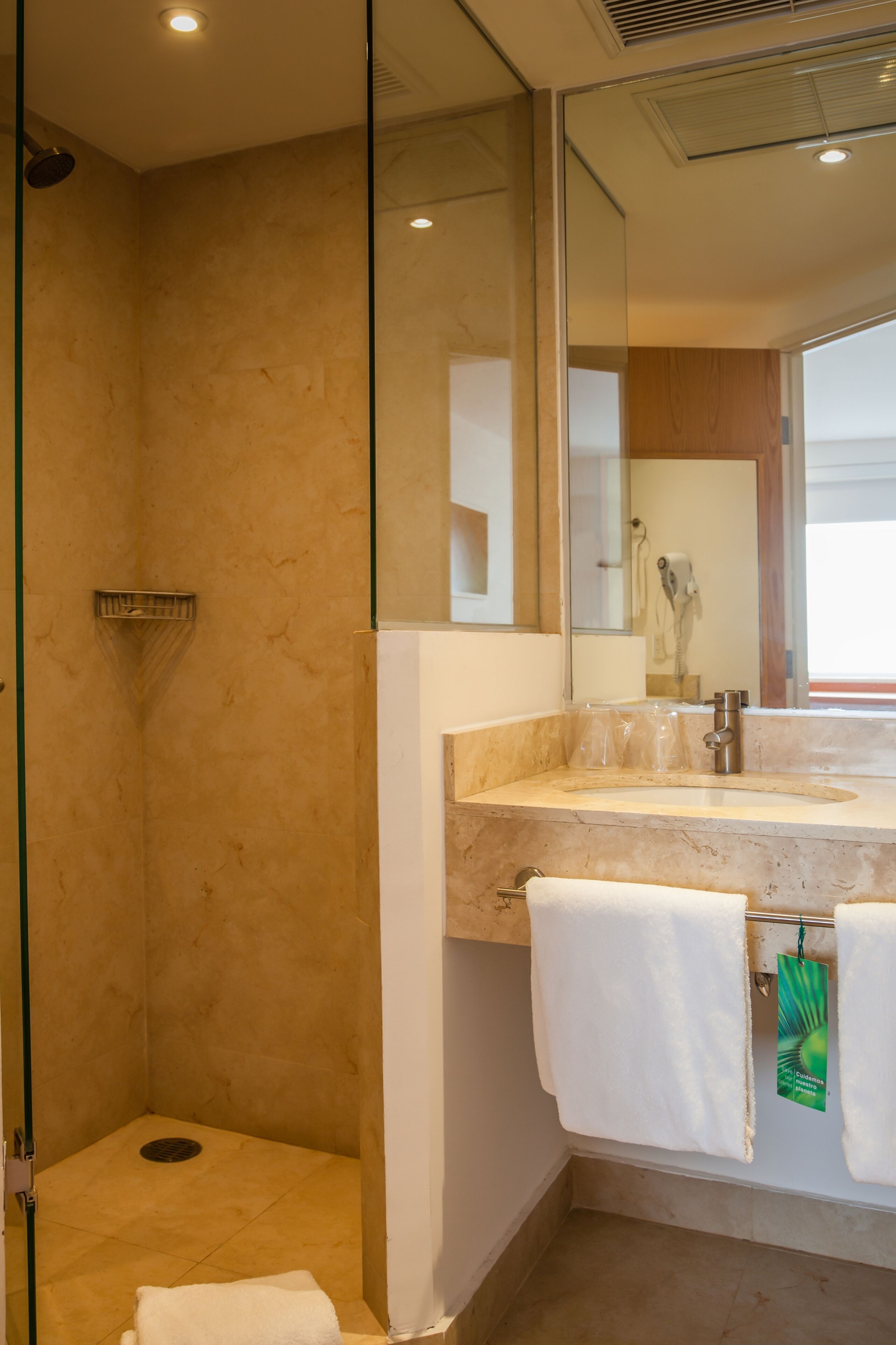 shower, free toiletries, hair dryer, towels