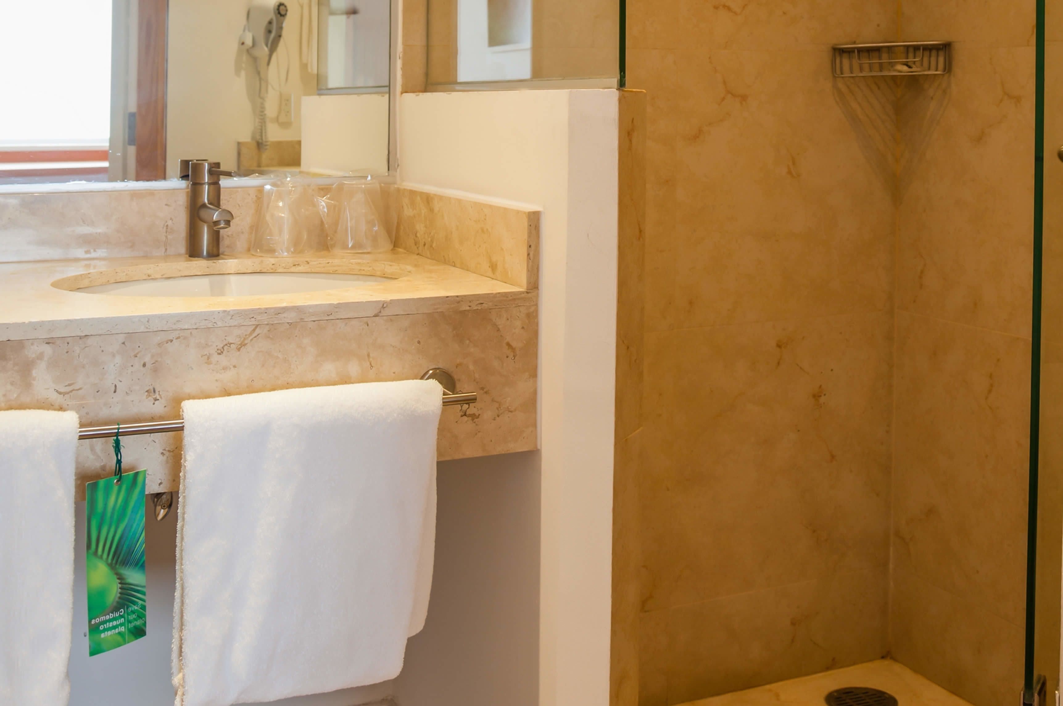 shower, free toiletries, hair dryer, towels