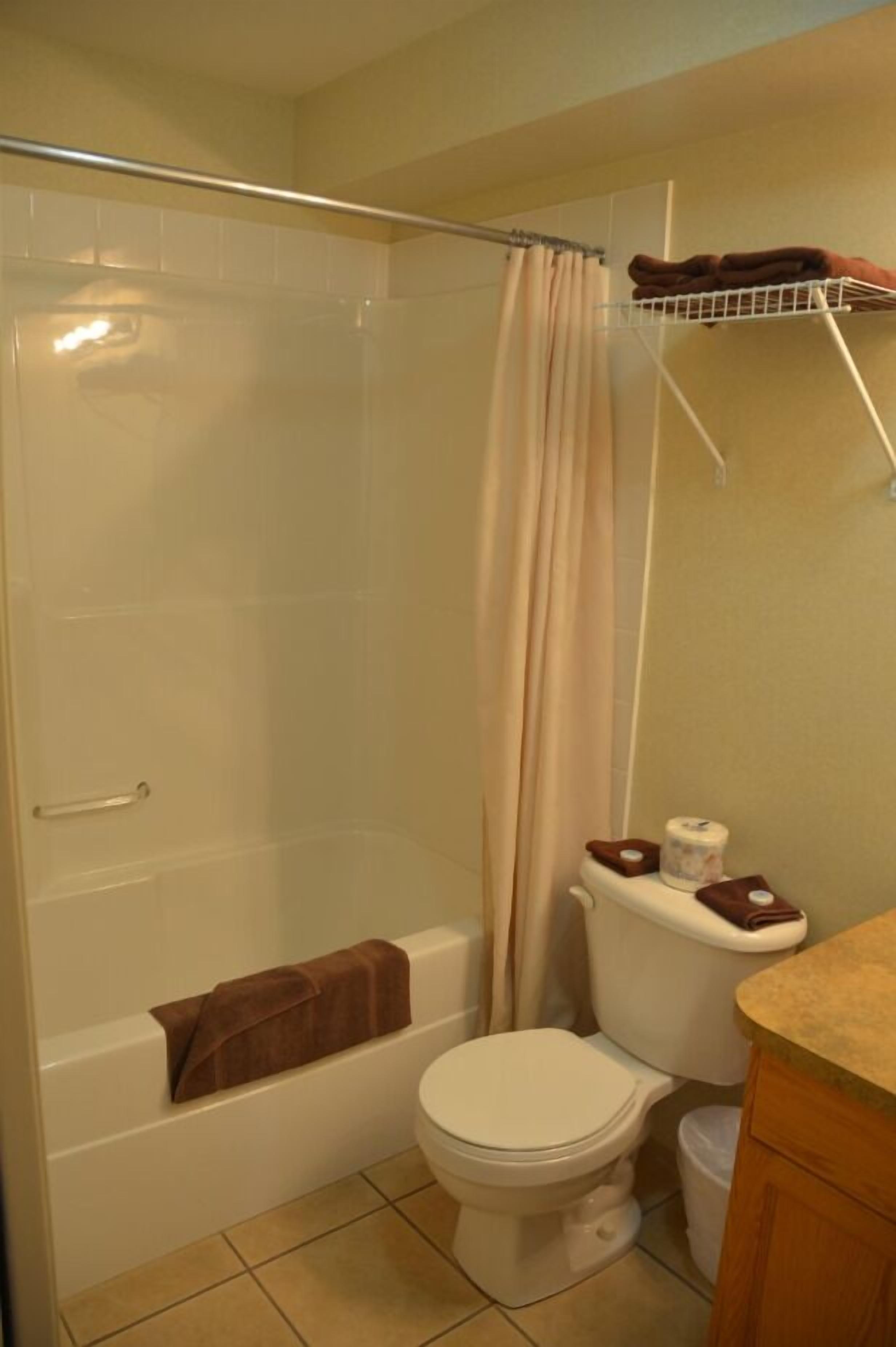 A bathroom with a shower, toilet, and bathtub.