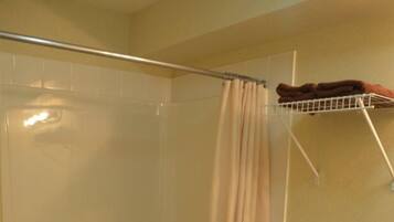 A bathroom with a shower, toilet, and bathtub.
