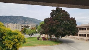 A view of a parking lot with a building in the background, a large tree, and a mountain range. - Avalon Inn (Osoyoos)
