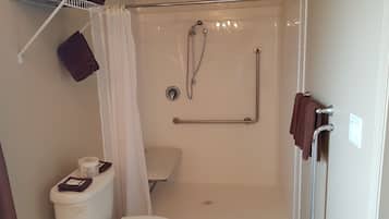 Baño con ducha, inodoro y barras de apoyo.