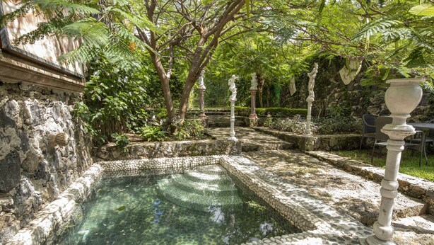 Une piscine en pierre, entourée de verdure, avec un mur de pierre et une colonne blanche.