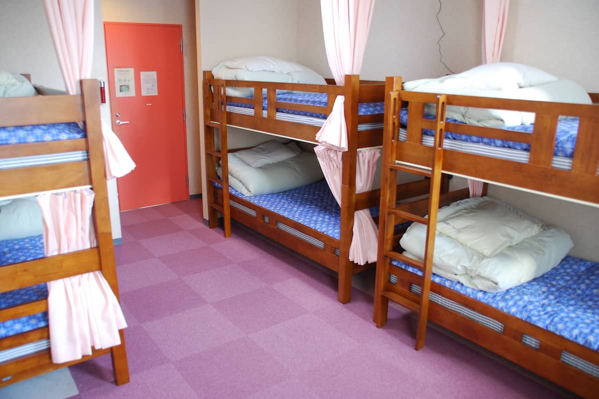 A room with bunk beds, a door, and a pink carpet.