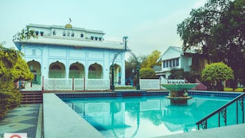 Outdoor pool, pool umbrellas, pool loungers