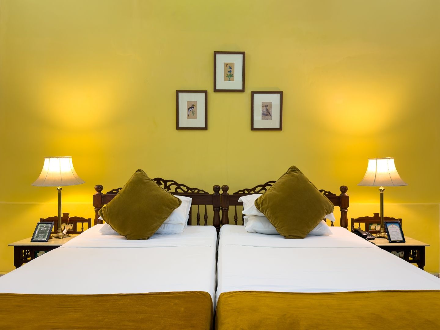Una cama doble con dos almohadas, una mesita de noche con una lámpara y cuadros enmarcados en la pared.