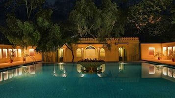 Outdoor pool, pool umbrellas, pool loungers